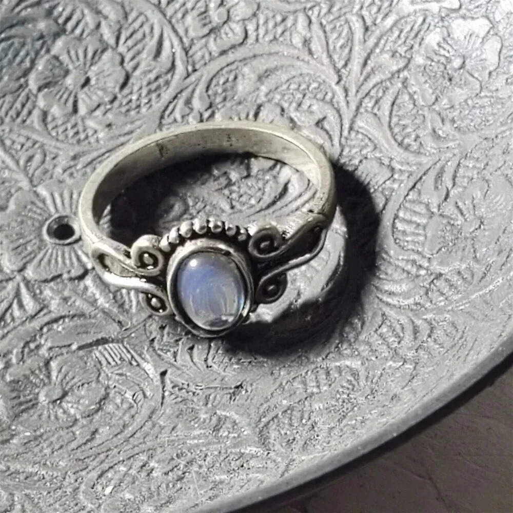 Artisan India Opalite 925 Sterling Silver Plated Gemstone Ring Size 7.5 - Picture 7 of 9